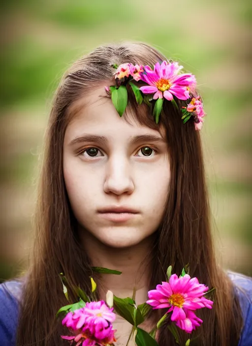 Prompt: portrait of a 1 5 year old woman, symmetrical face, flowers in her hair, she has the beautiful calm face of her mother, slightly smiling, ambient light
