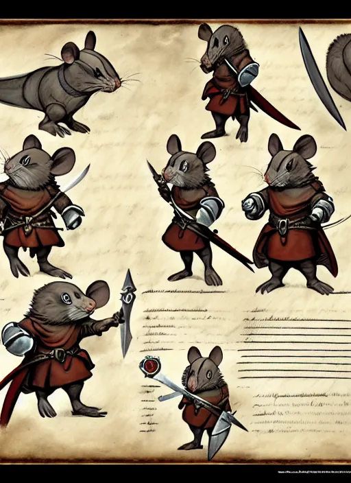 Image similar to character design sheet for a heroic mouse knight with sword and shield on a parchment background, redwall, greg rutowski and jean baptiste monge, detailed, epic fantasy concept art