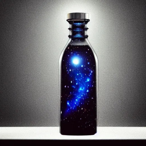 Prompt: Galaxy in a Bottle sitting on a white table in a brightened room, rendered by, Xie Boli, Max Hay, Cameron Mark, and Hue Teo, artstation 3d, artstation render, artstation 3d render, 3d art, unreal engine 3d, octane 3d, blender 3d, 3d landscape, photorealistic imagery, photorealistic details, intricate, highly detailed, trending on artstation, 4k, 8k