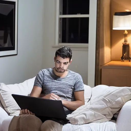 Prompt: During the night, a man alone on his computer in the living room of his apartment