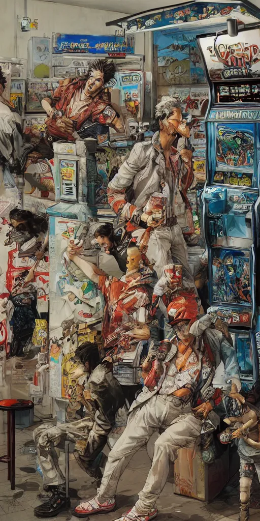 Image similar to oil painting scene from amusement arcade by kim jung gi