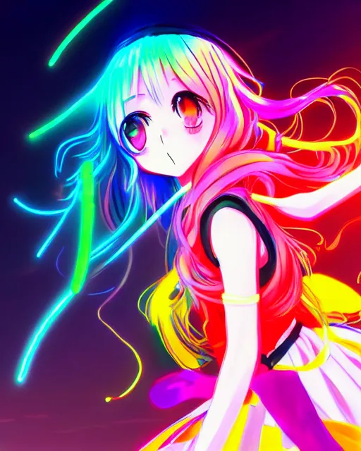 Image similar to anime style, vivid, expressive, full body, 4 k, painting, a cute magical girl idol with a long wavy colorful hair wearing a colorful dress, correct proportions, stunning, realistic light and shadow effects, neon lights, studio ghibly makoto shinkai yuji yamaguchi