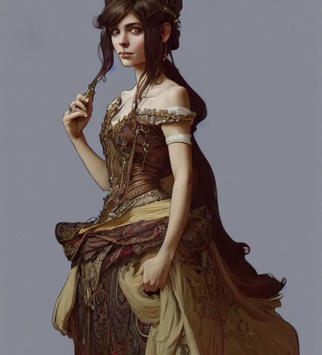 Image similar to portrait of a full body of young beautiful female princess, d & d, baroque dress, elegant, flat lighting, intricate, highly detailed, digital painting, artstation, concept art, smooth, sharp focus, illustration, art by simon bisley and greg rutkowski and alphonse mucha, natural tpose
