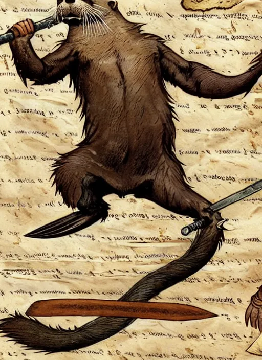 Image similar to a heroic otter scout with spear on a parchment background, redwall, greg rutowski and jean baptiste monge, detailed, epic fantasy concept art