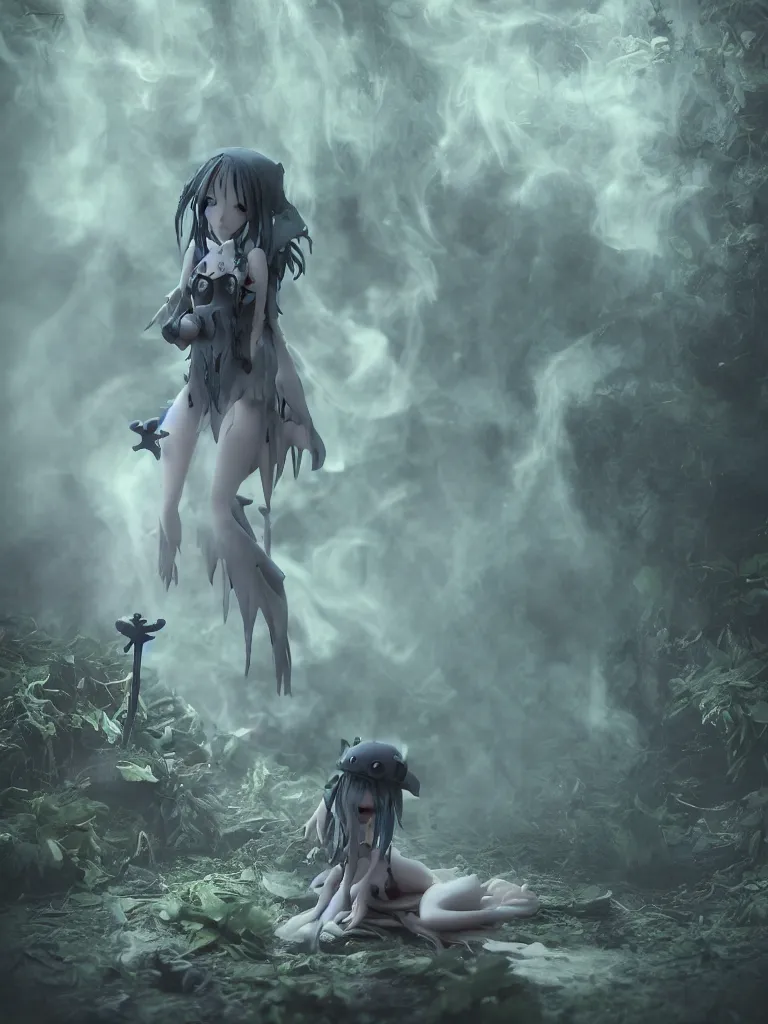 Prompt: cute fumo plush of a frail cursed witch girl wandering the depths of the forbidden jungle, gothic wraith maiden, wispy smoke and volumetric fog, beyond the mirror, asymmetric beauty, vignette, vray
