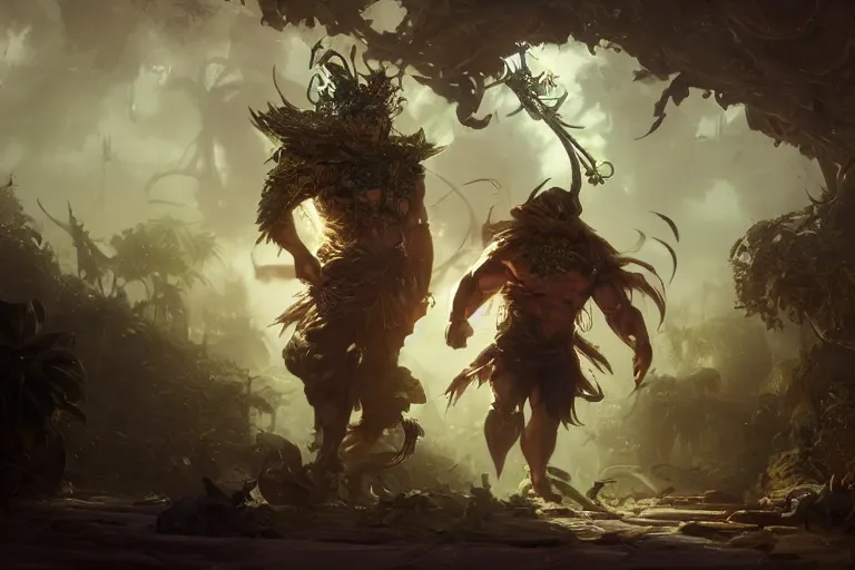 Prompt: a muscular tunisian man wearing plants fighting a cat wearing a crown and cape wielding a scepter, fantasy, digital painting, volumetric light, intricate, sharp, focus, bloom, illustration, highly detailed, concept art, matte, ruan jia, randy vargas, greg rutkowski