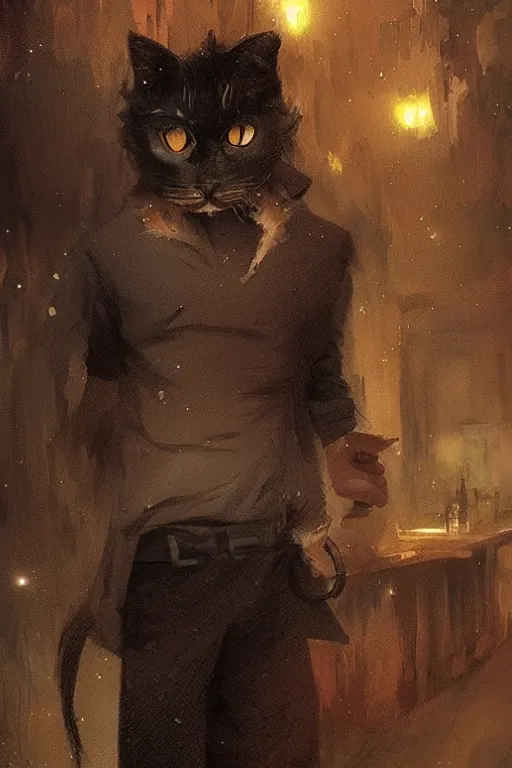 Image similar to of a gangster guy with the head of a british longhair cat in the night club, by greg rutkowski