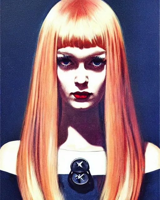 Image similar to portrait 1 9 6 0 s elegant blonde beautiful mod girl, long straight 6 0 s hair with bangs, groovy, occult, by brom, tom bagshaw, sargent