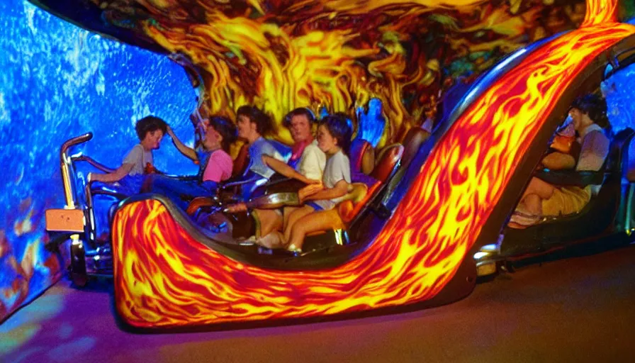 Image similar to 1990s photo of inside the Garfield's Lava Lamp ride at Universal Studios in Orlando, Florida, riding a Lava lamp through a world of Lasagna, cinematic, UHD