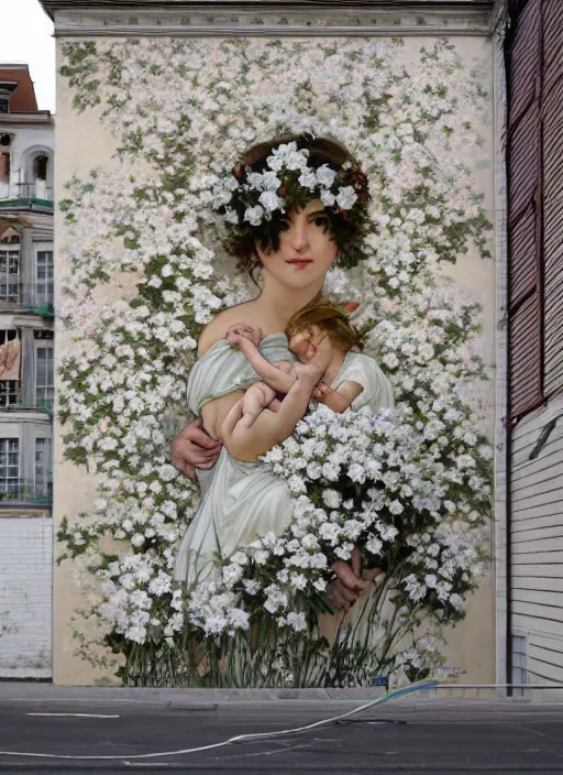 Prompt: a huge outdoor wall mural taking up the entire side of a building. it shows a mother sitting in a field of white flowers cradling her baby. they are both wearing flower crowns. stunning wall mural painting by by artgerm and greg rutkowski and alphonse mucha