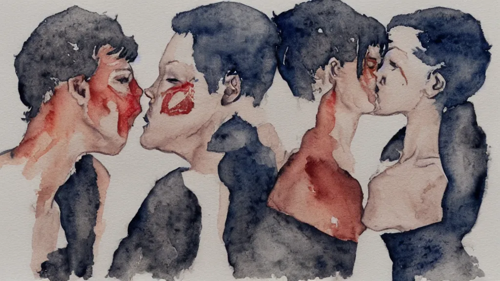 Image similar to watercolor of two cyborgs kissing