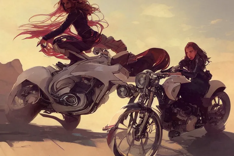 Image similar to a girl is riding a motorbike, digital painting, artstation, the space background,concept art, sharp focus, illustration, art by Krenz Cushart and Artem Demura and alphonse mucha