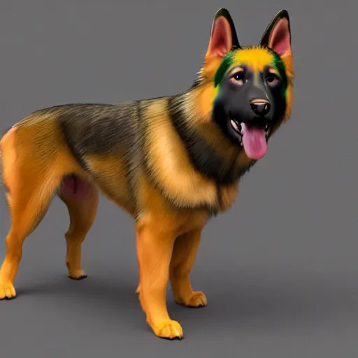 Image similar to 3 d model of a rainbow colored german shepherd, octane render, raytraced