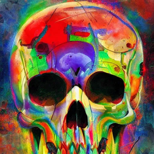 Image similar to A beautiful kinetic sculpture of a skull that is part organic, part mechanic. It is an accurate representation of how the artist sees the world. by Lori Earley, by Antoine Blanchard colorful, geometric