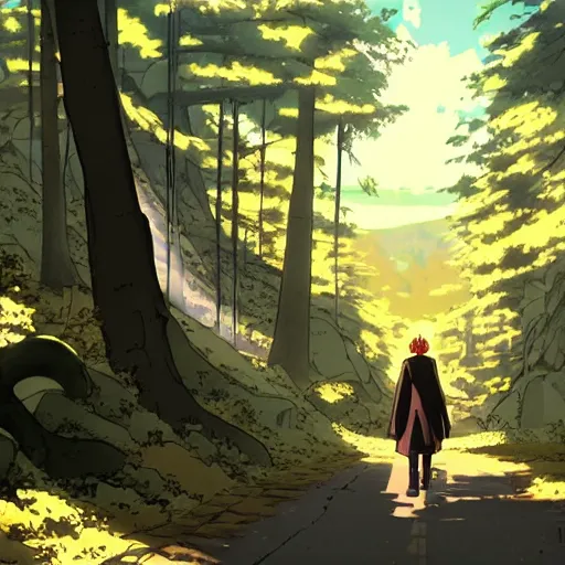 Image similar to Kino from Kino's Journey walking through the forest, golden hour, sunbeams, anime