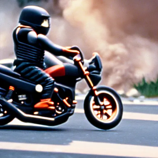 Prompt: film still from the 1995 movie 'Escape from Nerd Land'. Exciting action scene of a motorcycle and explosions. Sigma 85mm f/2.4