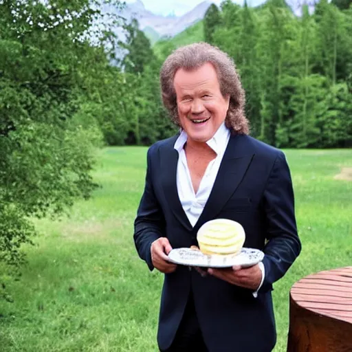 Prompt: André Rieu eating a cheesecake.