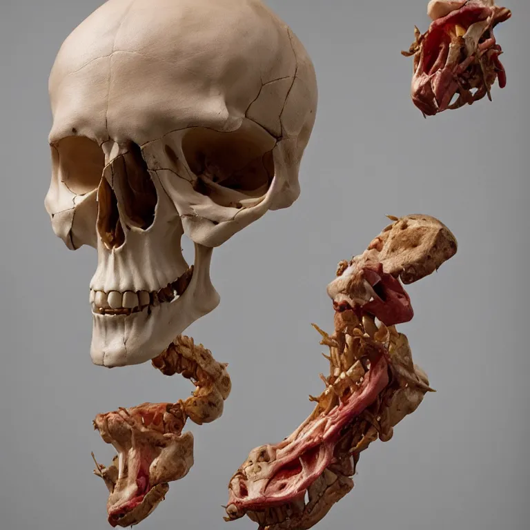 Prompt: hyperrealistic sculpture of a giant carnivore skull and vertebrae with some flesh attached on a pedestal by ron mueck and duane hanson and damien hirst, hyperrealistic dramatic colored lighting trending on artstation 8 k