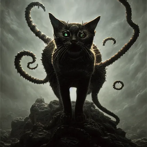 Image similar to photorealistic demonic eldritch cat in the style of michael whelan and gustave dore. hyperdetailed photorealism by greg rutkowski. 1 0 8 megapixels, 3 d finalrender, cinematic lighting
