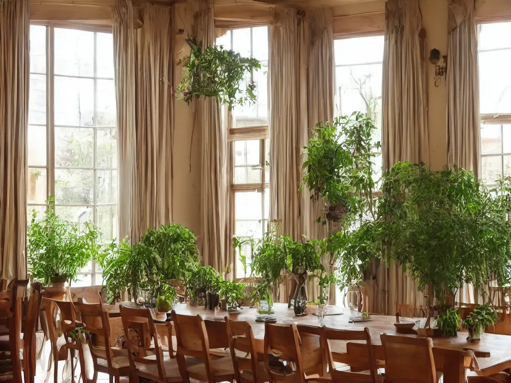 Prompt: interior shot of an old large dining room with wooden panels, large windows, lots of plants, satin curtains