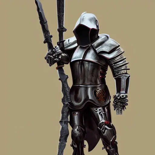 Image similar to cyberpunk crusader, armor on arms and legs, huge biomechanical axe on shoulder, wearing hoodie, crusader helmet under hood