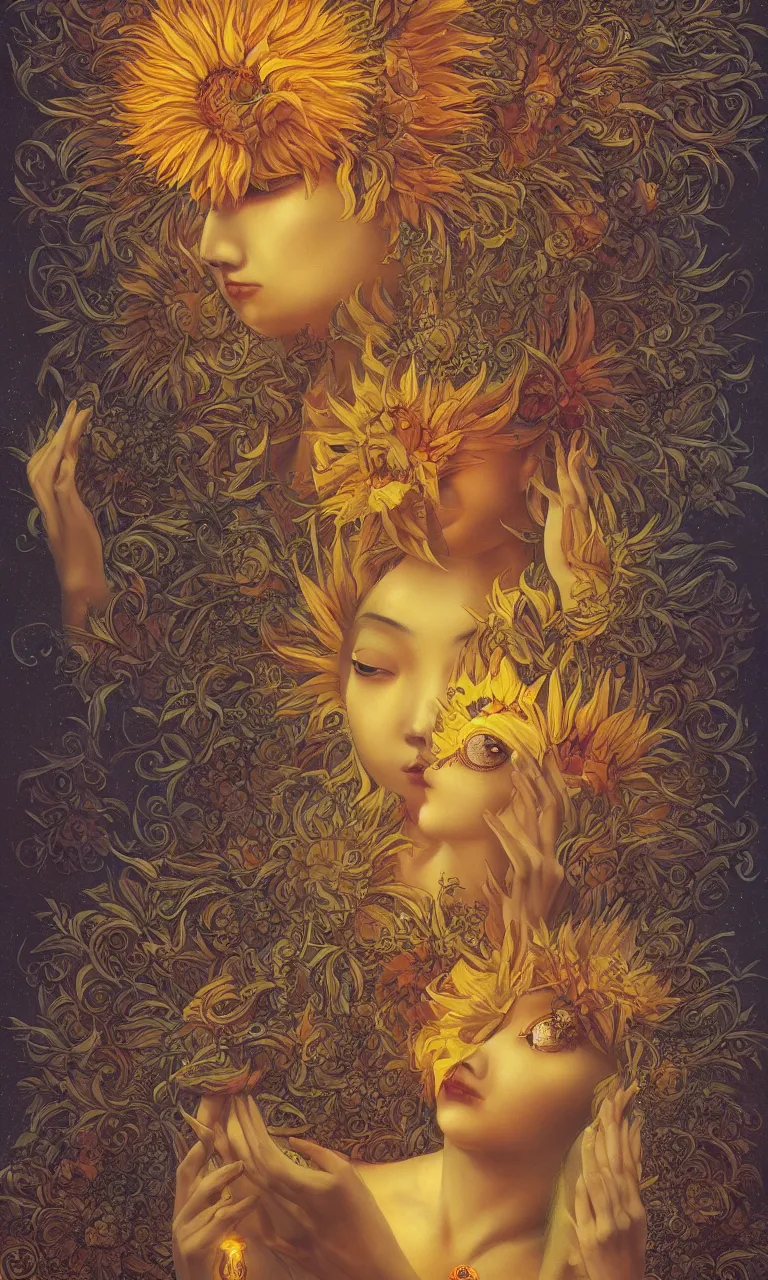 Image similar to The Chinese goddess of sunflowers, who has a third-eye and an helianthus-shaped golden crown, and presides over the rays of the sun with her sacred vision, by Anato Finnstark, Tom Bagshaw, Brom