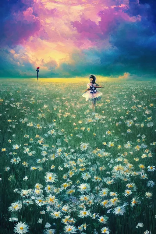 Image similar to giant white daisies flower as head, girl ballet in a flower field, surreal photography, sunrise, dramatic light, impressionist painting, colorful clouds, digital painting, artstation, simon stalenhag