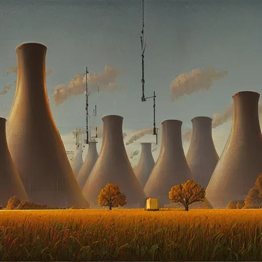 Prompt: highly detailed scene, artstation style, artstation form, A nuclear power plant in utopia by Simon Stålenhag and Grant Wood, oil on canvas