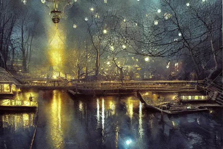 Image similar to A Mystic River, The River Is Full of Lights, Mysticism, Artwork, Watercolor, Cinematic, Exposure, Slit-Scan Photography, 4k, Ultra-HD, Incandescent, Ray Tracing Reflections, insanely detailed and intricate, elegant, ornate, hyper realistic, super detailed by Dorothea Tanning, by Bruce Pennington