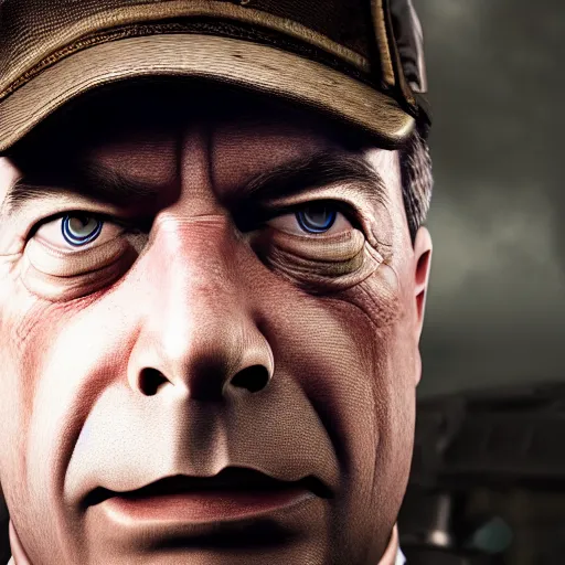 Image similar to Portrait of Nigel Farage in Gears of War, splash art, movie still, cinematic lighting, dramatic, octane render, long lens, shallow depth of field, bokeh, anamorphic lens flare, 8k, hyper detailed, 35mm film grain