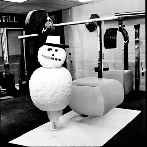 Image similar to “ burl ives snowman m, lifting weights with magnum pi in an insane asylum, designed by vernor panton ”