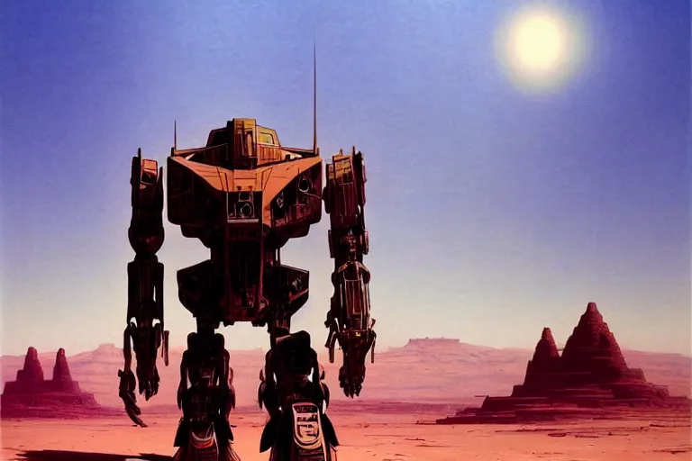 Prompt: gigantic mecha walking through the desert, futuristic, science fiction, intricate, elegant, dramatic lighting, highly detailed, artstation, concept art, smooth, sharp focus, illustration, art by syd mead and beksinski and john blanche and paul dainton