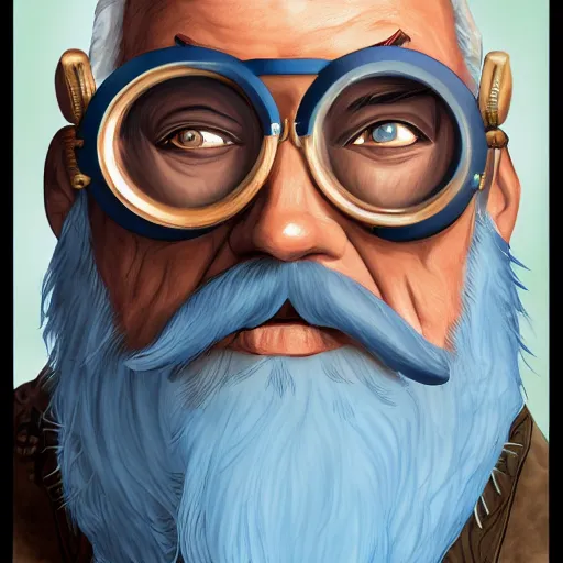 Image similar to a front-facing portrait of an old man with a grey beard and blue hair wearing steampunk goggles, dungeons and dragons character art, highly-detailed illustration, Artstation