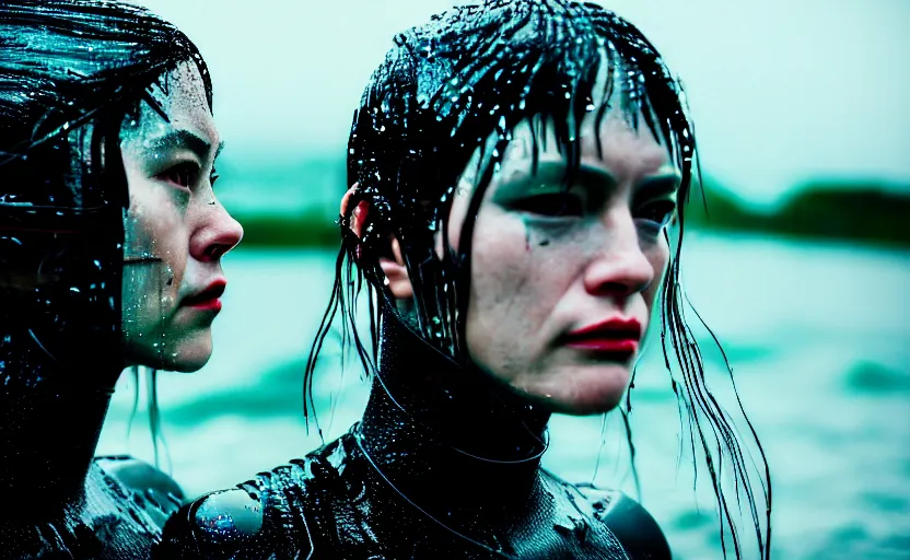 Image similar to cinestill 5 0 d candid action photographic portrait by quentin tarantino of two loving female androids wearing rugged black mesh techwear in treacherous waters, extreme closeup, modern cyberpunk retrofuturism moody emotional cinematic, pouring iridescent rain, 8 k, hd, high resolution, 3 5 mm, f / 3 2, motion blur, ultra realistic faces, ex machina