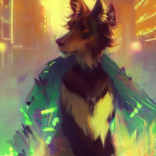 Prompt: wide angle beautiful full body portrait of a cute male anthropomorphic anthro border collie fursona wearing cowboy outfit in a neon metropolis, character design by charlie bowater, henry asencio, and ross tran, furry art, furaffinity, beautiful, glamor pose, detailed, aesthetic, trending on artstation