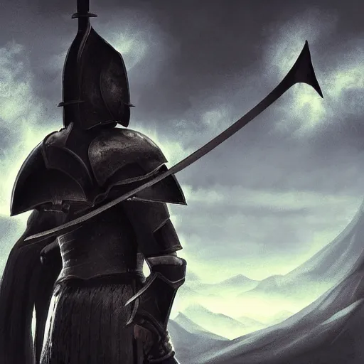 Image similar to Silhouette of a male warrior wearing knight armor holding a sword and shield, facing away towards a mountain in the distance, digital art, digital painting, matte painting, very beautiful, atmospheric dramatic lighting, highly detailed, fantasy artwork, dnd