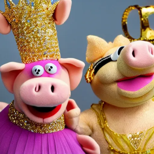 Image similar to pig wearing a gold crown as a Muppet holding a bowl 8k