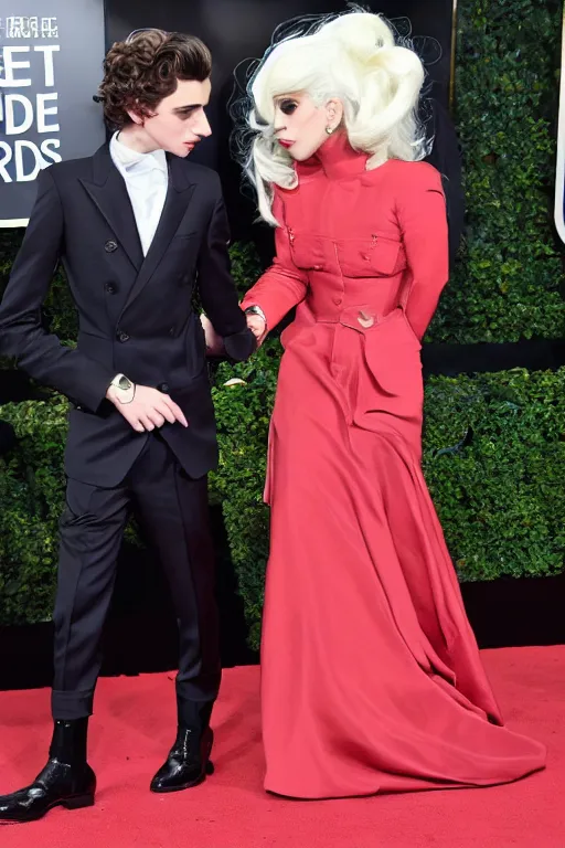 Image similar to timothee chalamet and lady gaga holding hands on the red carpet, beautiful detailed faces, canon eos, featured, flash lighting