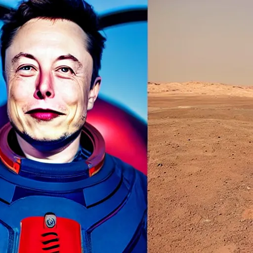 Prompt: Happy Elon Musk on Mars, photo, portrait, centered, in spacesuit, smoking, detailed, close up 2040