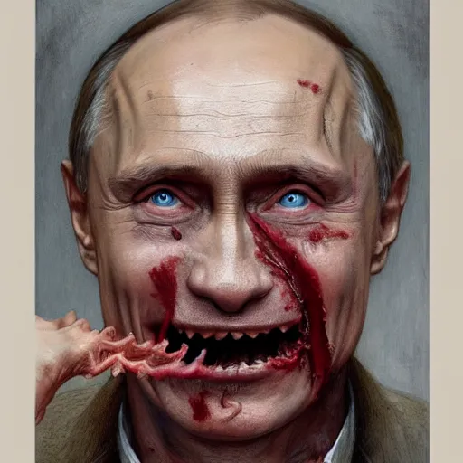 Image similar to a portrait of vladimir putin, flesh eating worms, macabre, horror rotten teeth, by donato giancola and greg rutkowski, wayne barlow, realistic face, visible face, digital art, artstation, symmetry