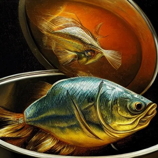 Image similar to a fish on the top of a pile of fish, inside a cooking pot, side view, by vladimir kush, dystopian aer, rococo