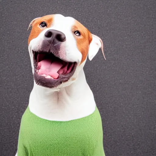 Image similar to American Staffordshire terrier wearing a green sweater, 8k