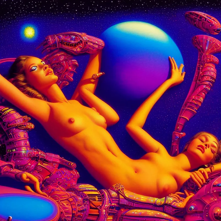 Image similar to cosmic girl, 2 0 yo, reclining close - up, bright neon colors, highly detailed, cinematic, panoramic, tim white, michael whelan, roger dean, bob eggleton, philippe druillet, vladimir kush, kubrick, alfred kelsner, boris vallejo