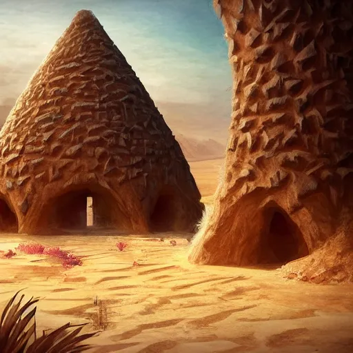 Prompt: The spiritual village of a lost civilization built near the water of a lone oasis in the center of a seemingly infinite sand desert full of tall sand dunes, concept art, game art, trending on art station