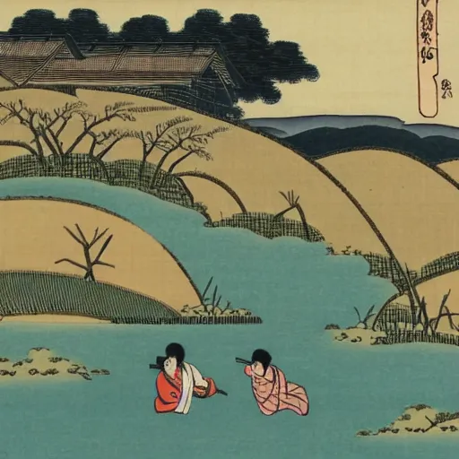 Prompt: a farm next to a lake in the style of ukiyo - e