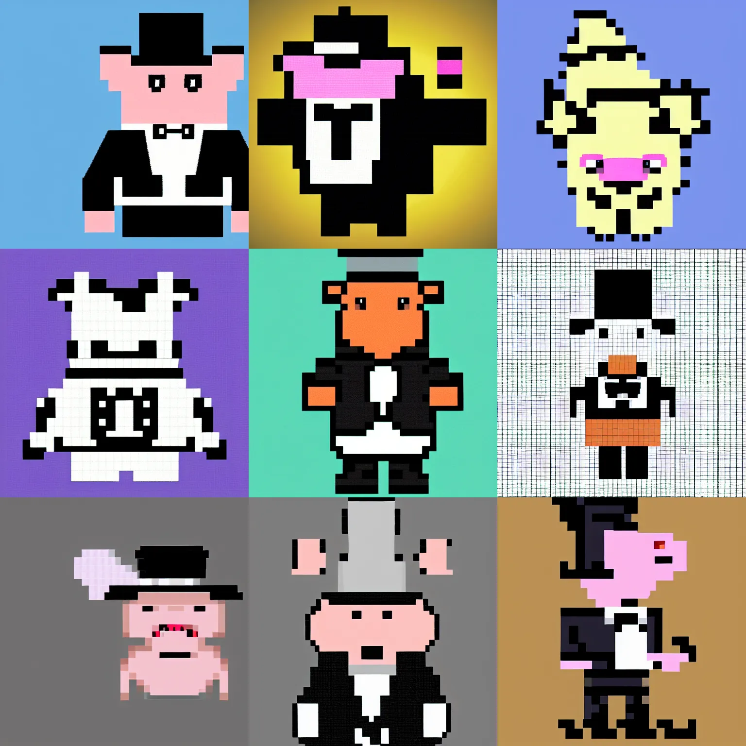 Prompt: pixel art of a pig in a top hat and wearing a tuxedo, plain background,