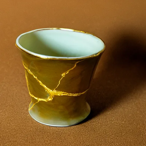 Prompt: photo of a cracked ceramic cup repaired with gold, kintsugi, beautiful, cinematic, high detail,