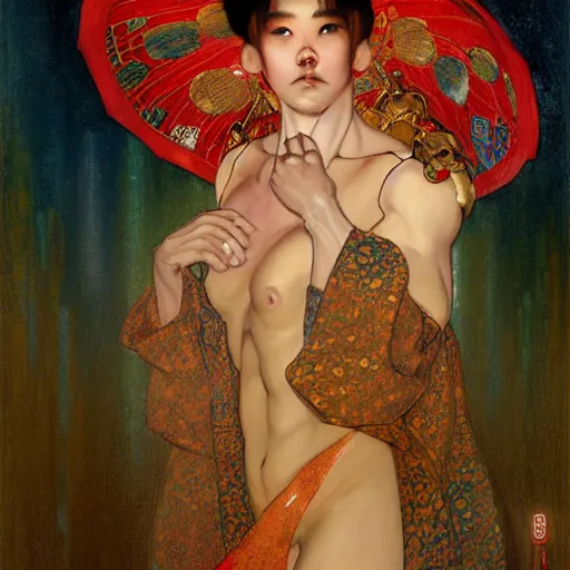 Prompt: a portrait of a male mutant in a red kimono in the sewers. furaffinity furry art detailed face painting by gaston bussiere craig mullins jc leyendecker gustav klimt artgerm greg rutkowski furry