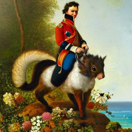 Image similar to a giant fluffy squirrel carrying napoleon bonaparte on its back, beach scene, flowers and foliage, detailed oil painting