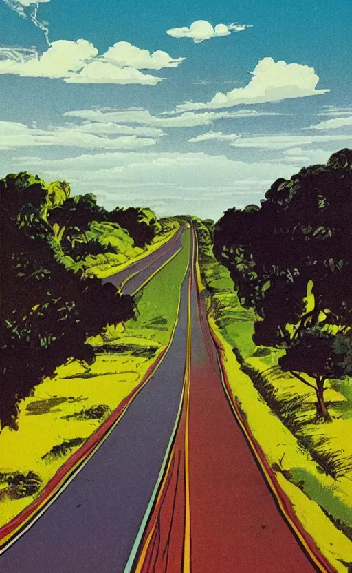 Image similar to paperback book cover. 1 9 8 0 s. pure colors, melting clouds, accurately drawn details, a sunburst above a receding road with the light reflected in furrows and ruts, after rain. and no girls.